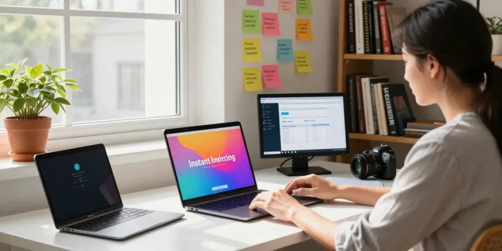 Digital marketing workspace showcasing instant indexing strategies and SEO analytics.
