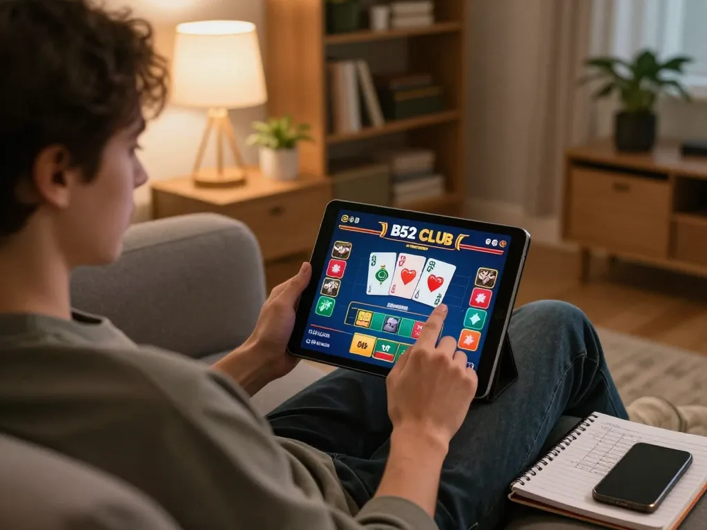 B52 Club player enjoying online gaming on tablet with cozy home ambiance