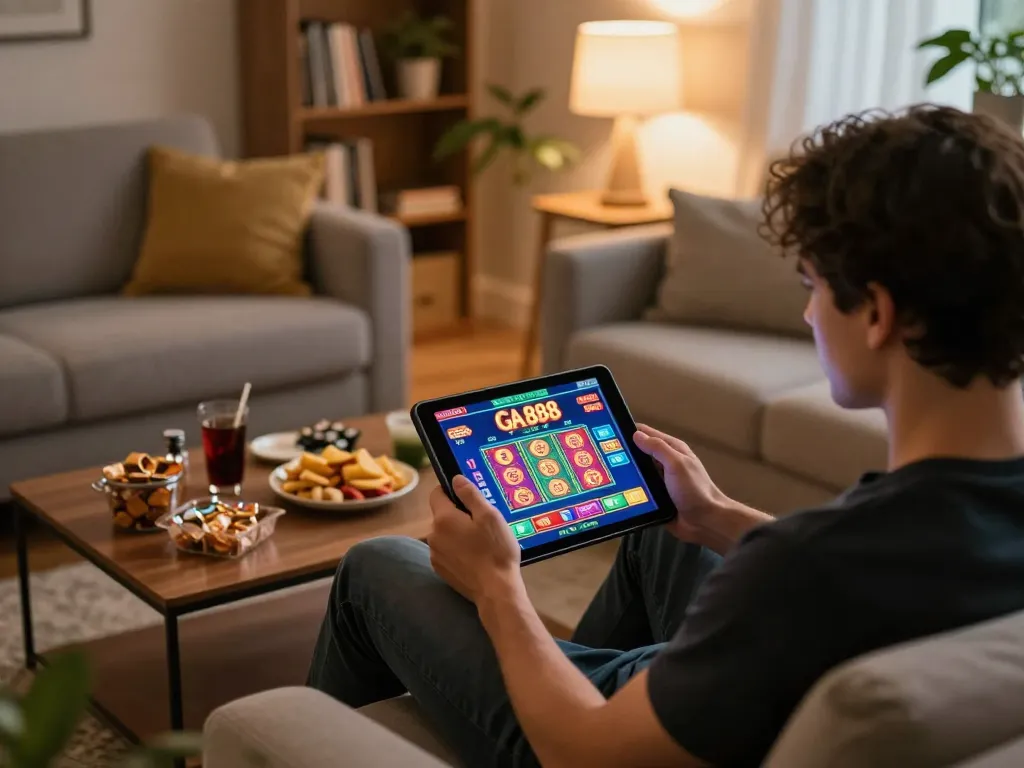 Engaging in online gaming with GA 888 on a tablet in a cozy living room setting.