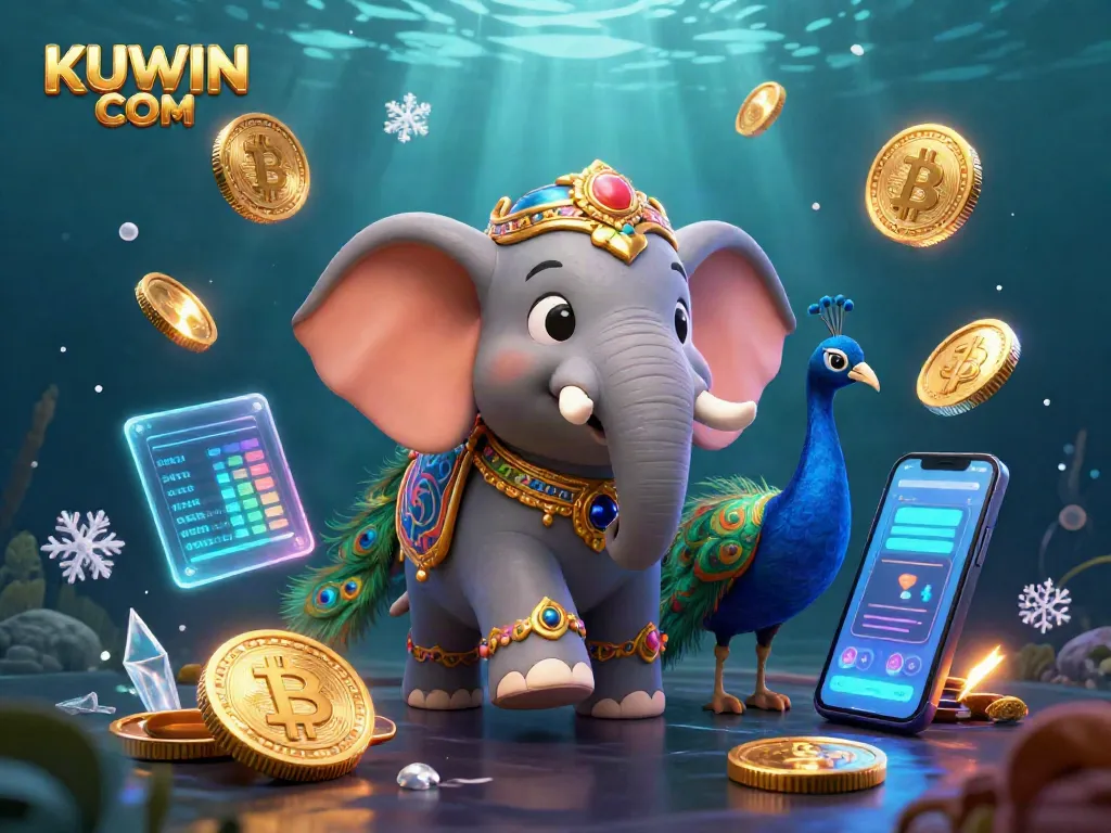 Engage in thrilling games at KUWIN COM with a vibrant 3D scene depicting an elephant and peacock in a rich casino environment.