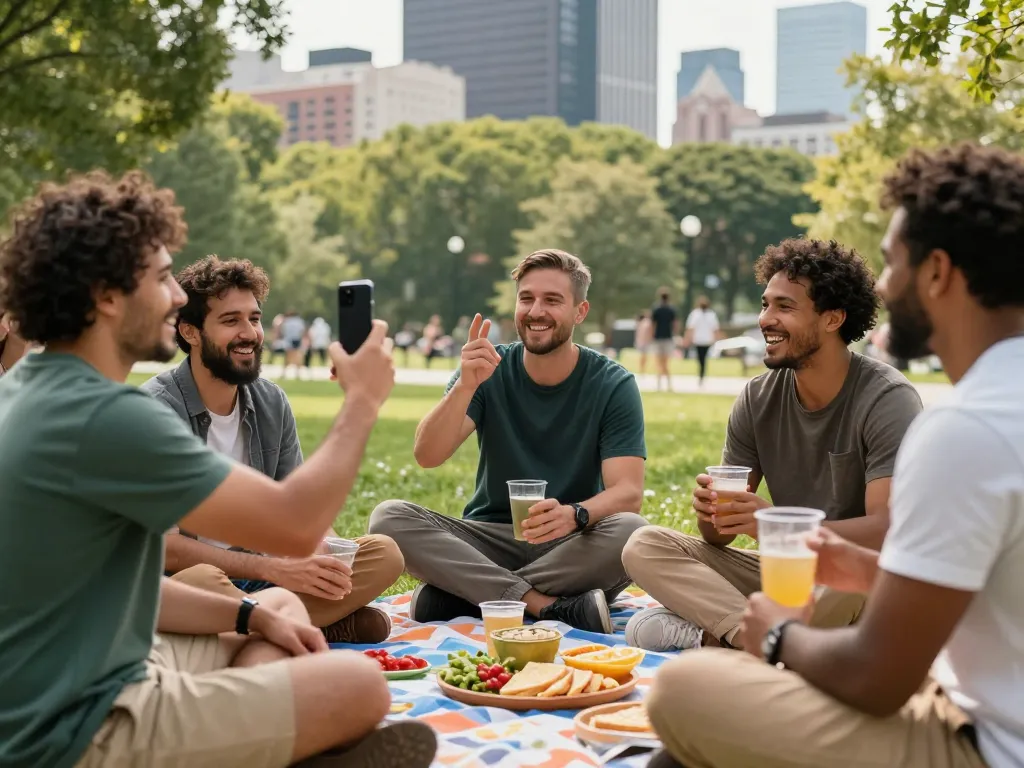 Group of men at a manclub outdoor gathering sharing stories and laughter.