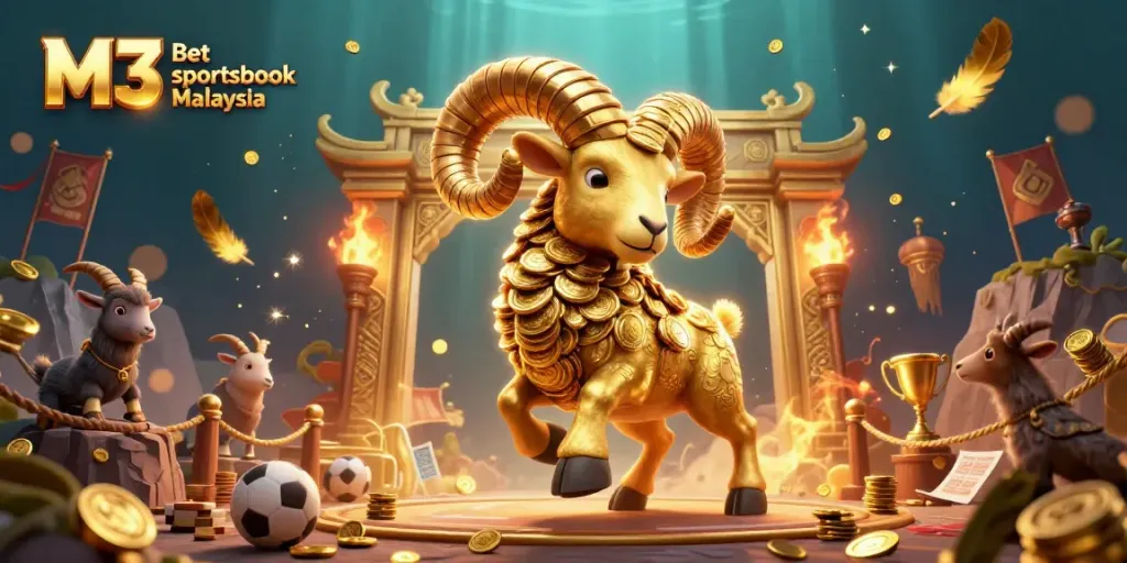 Engage in sports betting at M3 Bet sportsbook Malaysia featuring a golden ram and dynamic gaming elements.