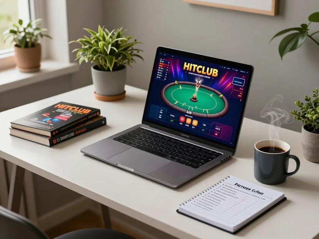 Engaging with HITCLUB poker strategies on a laptop in a warm home environment, focusing on responsible gaming
