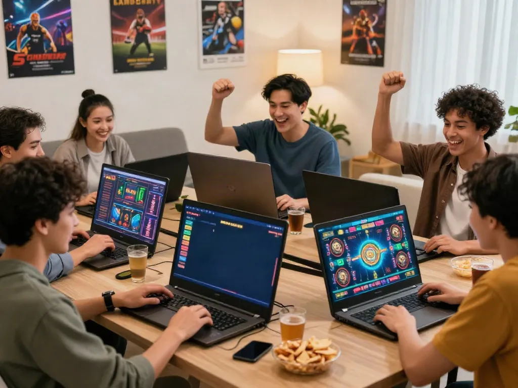 Friends enjoying a game night at trang chủ da88 with digital interfaces and a lively atmosphere.