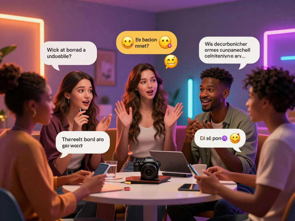 Engaging avatars in a virtual chat discussing ai chat porn topics, surrounded by vibrant digital graphics and emojis.