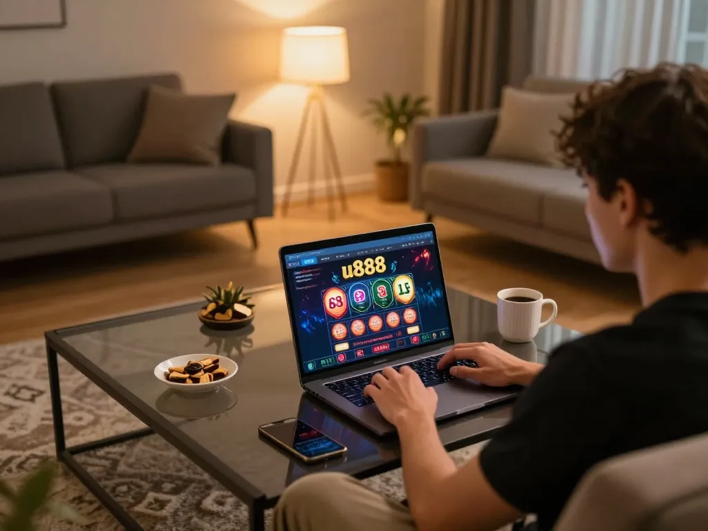 Player experiencing thrilling games on u888 platform in a cozy living room setting.