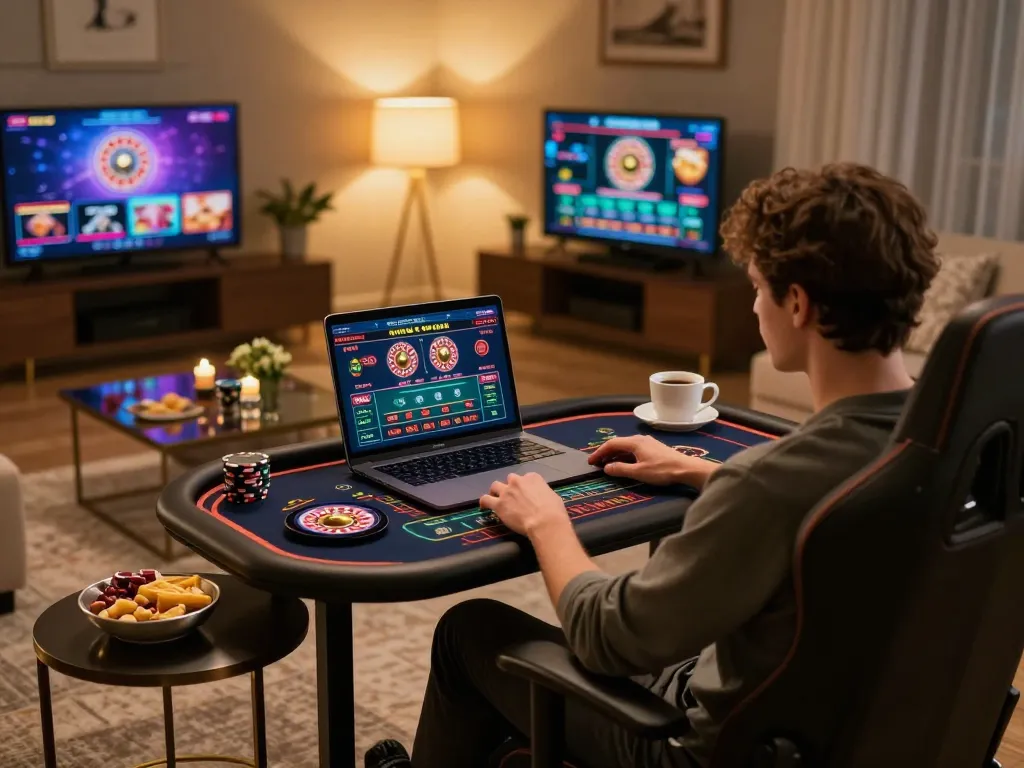 Player engaging with 33win online casino games on a sleek laptop and tablet in a cozy home setup.