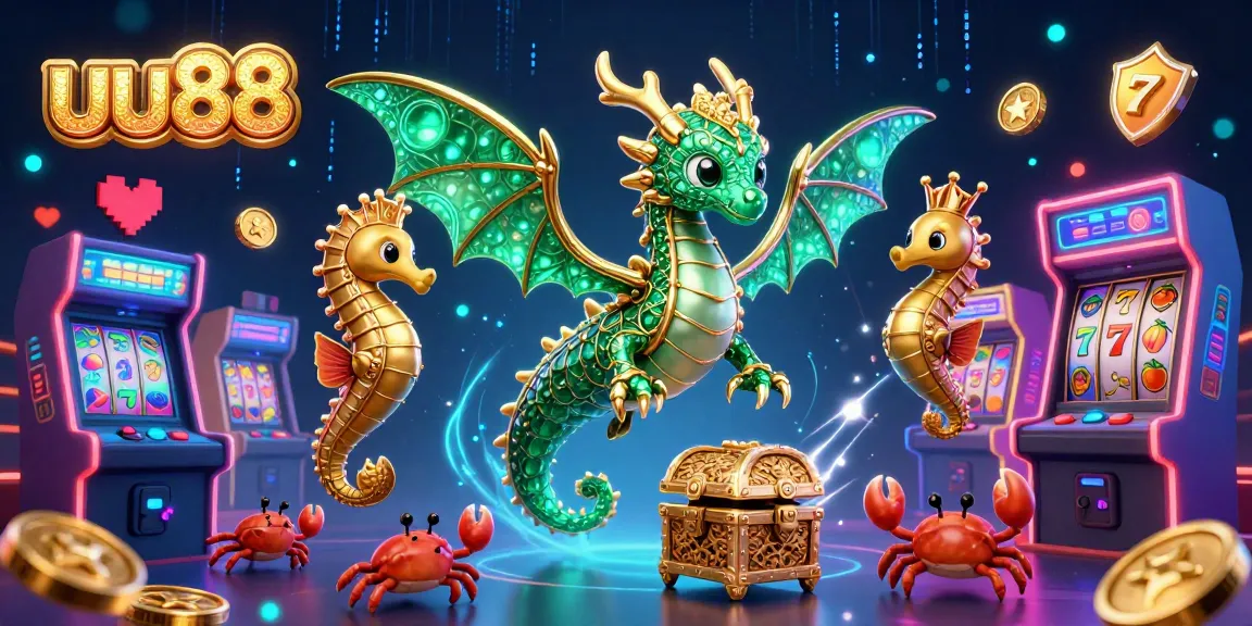 Experience thrilling gameplay with uu88's vibrant 3D casino scene featuring a majestic sea dragon and slot elements.