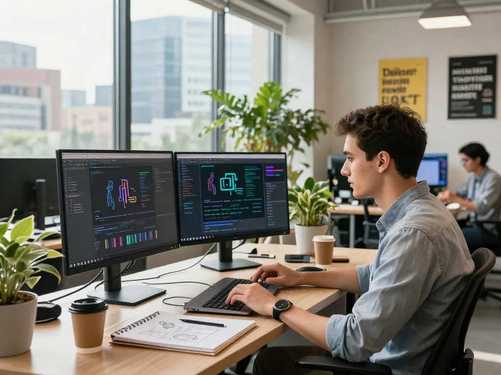 Developer coding in a vibrant tech space focused on ia +18 innovation with dual monitors and inspiring decor.