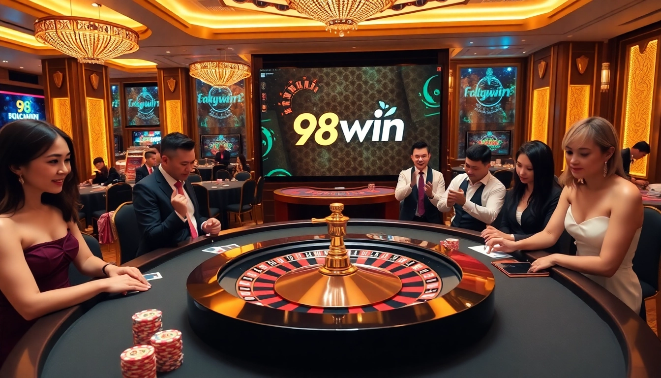 Experience the excitement of 98win's luxurious casino table atmosphere with vibrant poker chips.
