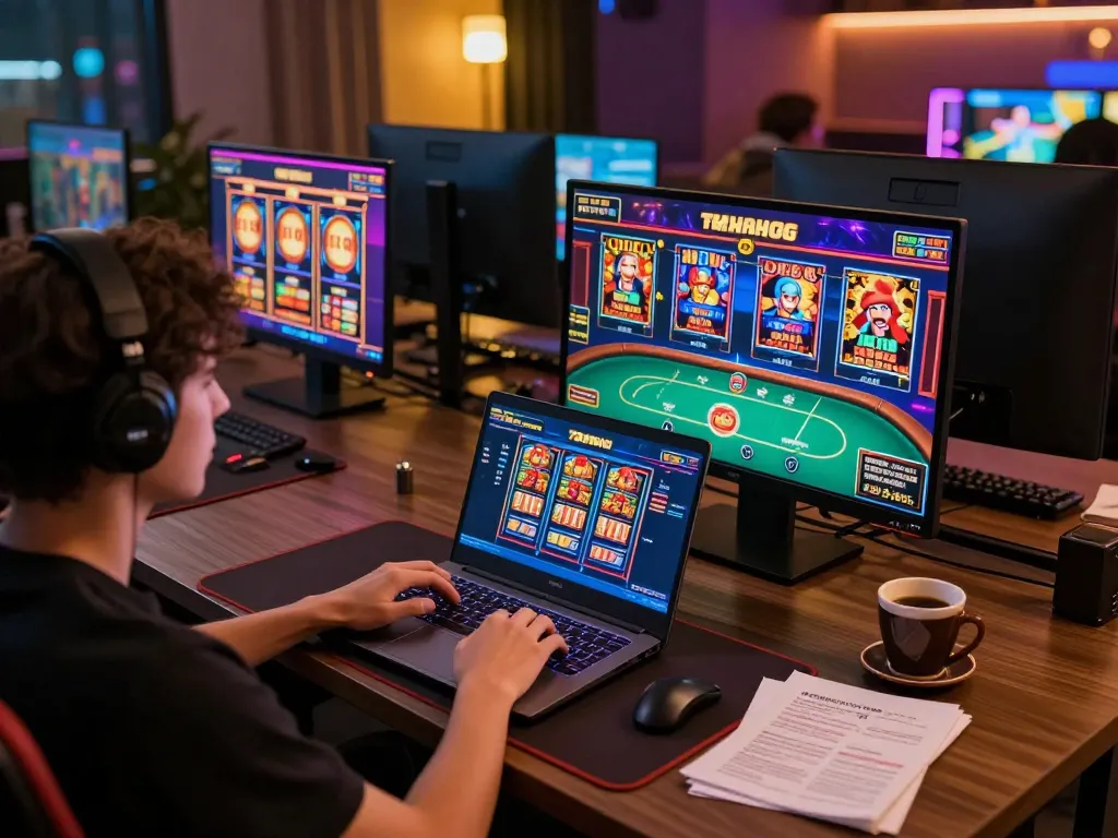 Engaging in 789win online gaming experience with laptop displaying vibrant casino action