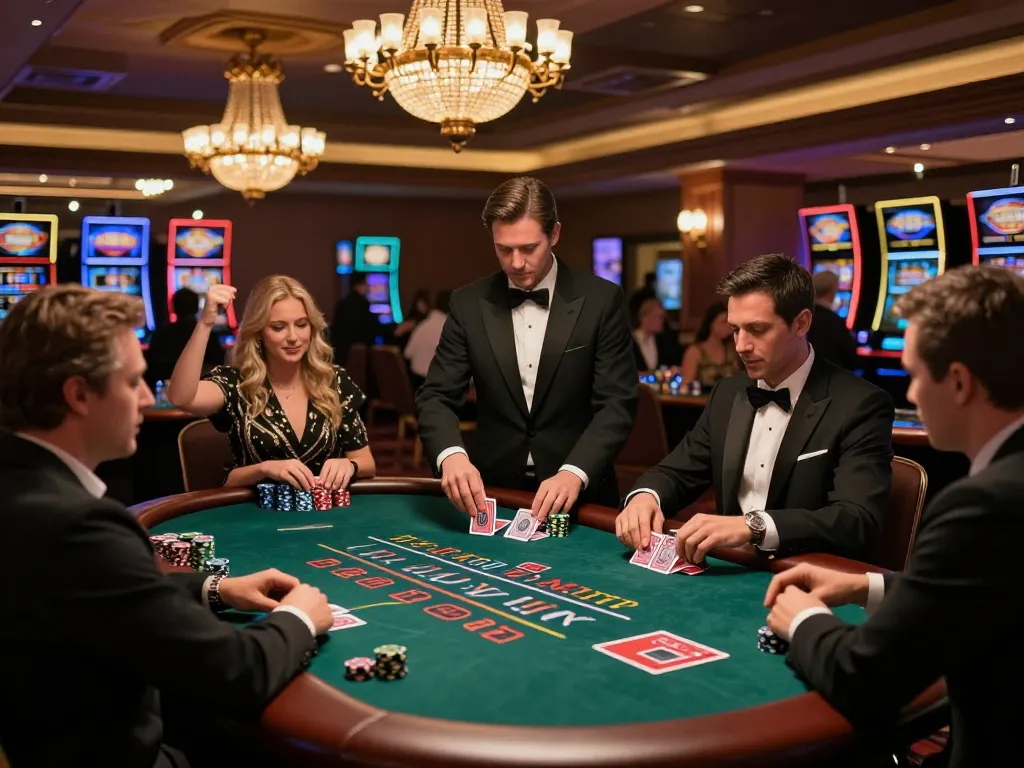 Players at vin88 blackjack table celebrate wins, creating an exciting casino atmosphere.