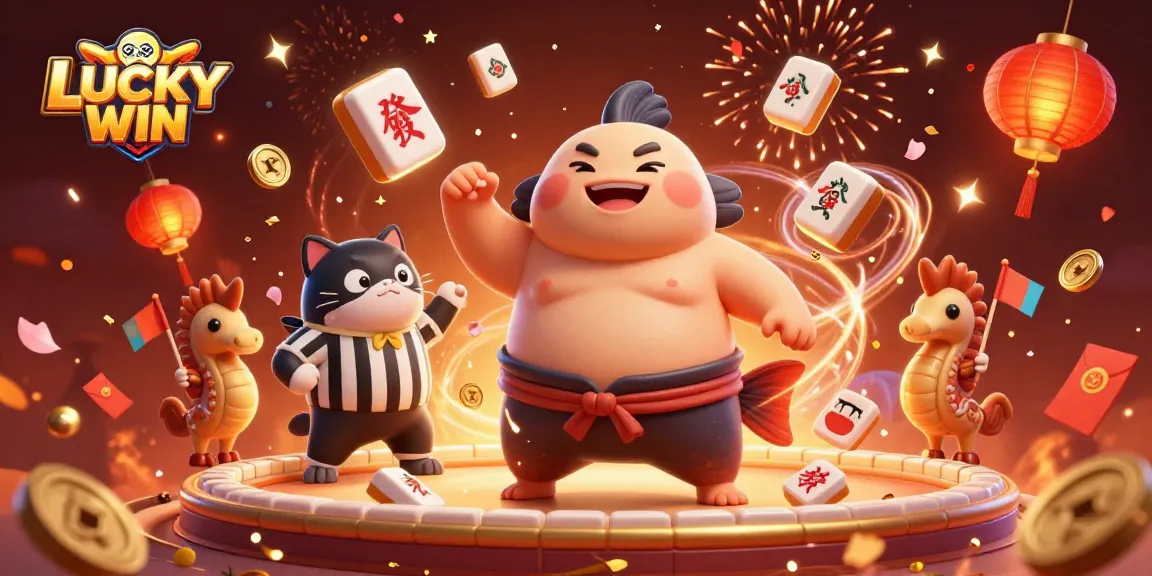 LUCKYWIN features a lively underwater scene with a fugu in a sumo belt, showcasing engaging gambling elements.