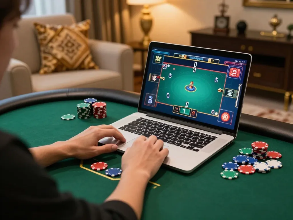 Player enjoying online poker at home, showcasing 804 club gaming experience in vibrant atmosphere.