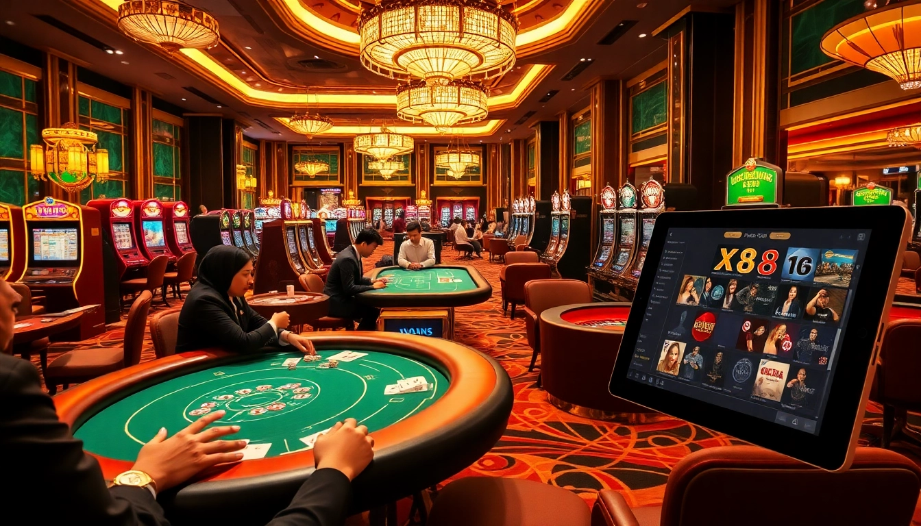 Engaging scene of players enjoying games at nhà cái X88 casino, showcasing thrilling roulette and poker action.