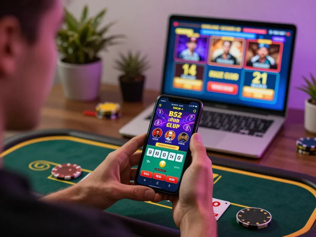 B52 club mobile app being used for online gambling with engaging live dealer screen.