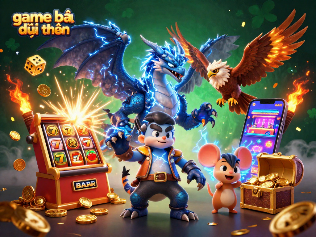 Win big with thrilling game bài đổi thưởng featured in a vibrant 3D casino scene filled with dynamic action.