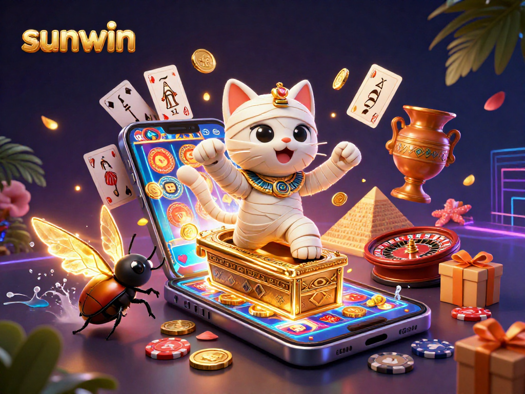 Engage with the sunwin casino experience featuring a mummy cat in a vibrant 3D scene.