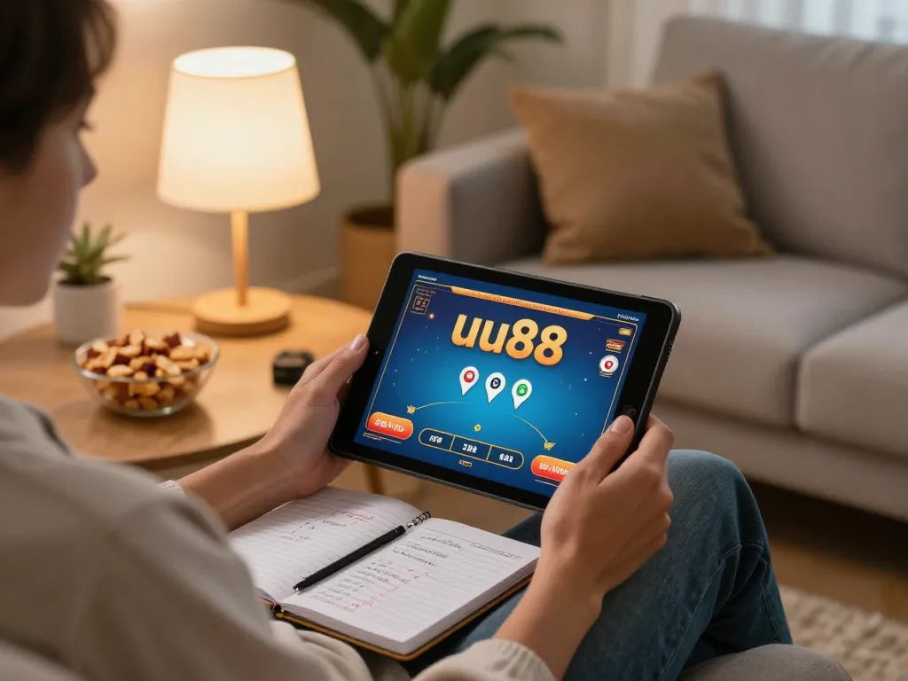 Player engaged in online casino action at uu88, showcasing a tablet poker interface in cozy setting.
