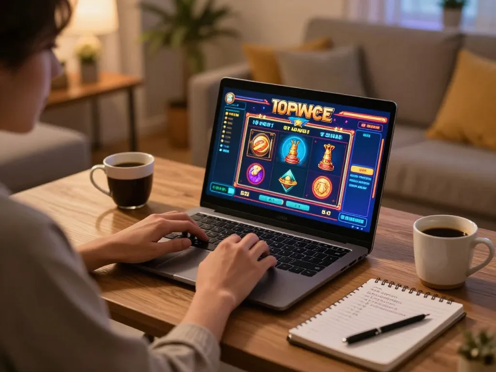 Win88 player enjoying online slots at home desk with strategy notes and warm lighting.