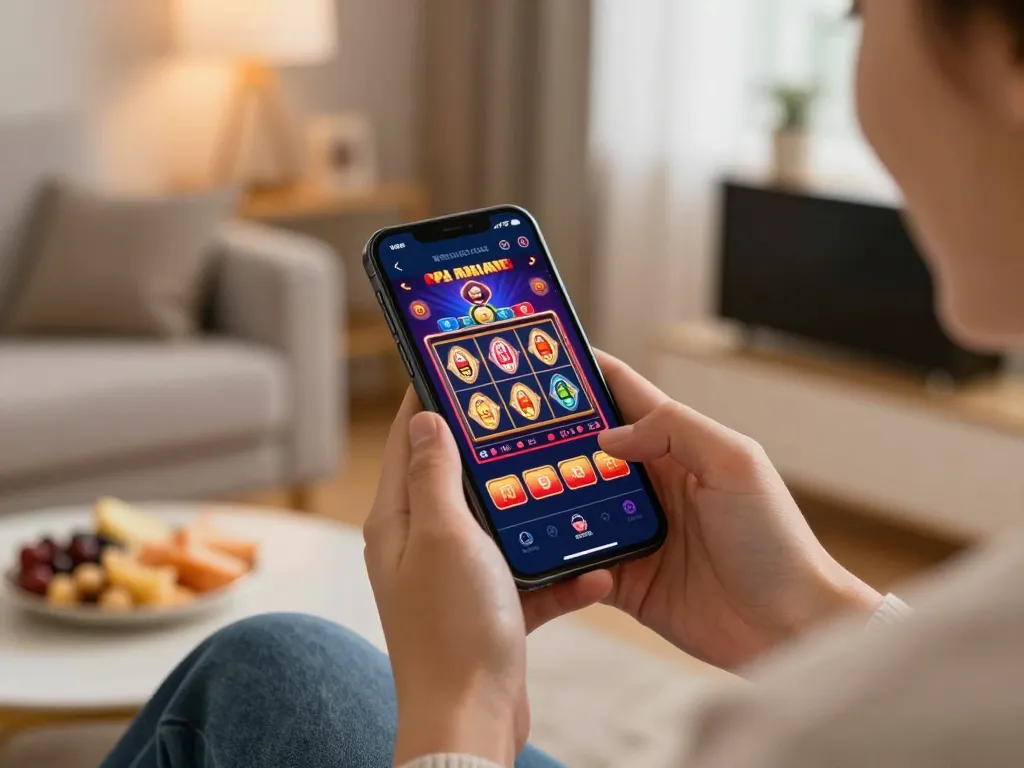 Player engaged in online gaming via sc88 trang chủ app showcasing vibrant slots interface on smartphone.