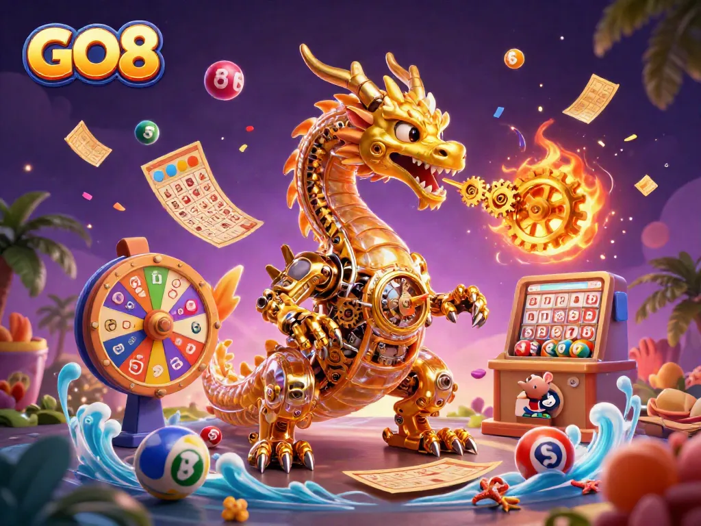 Engage with GO8's thrilling world of entertainment featuring a golden dragon spewing gears amidst vibrant gaming elements.