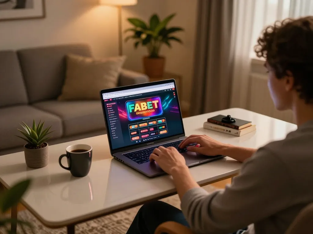 FABET online casino gameplay in a cozy home environment with a player focused on gaming strategy.