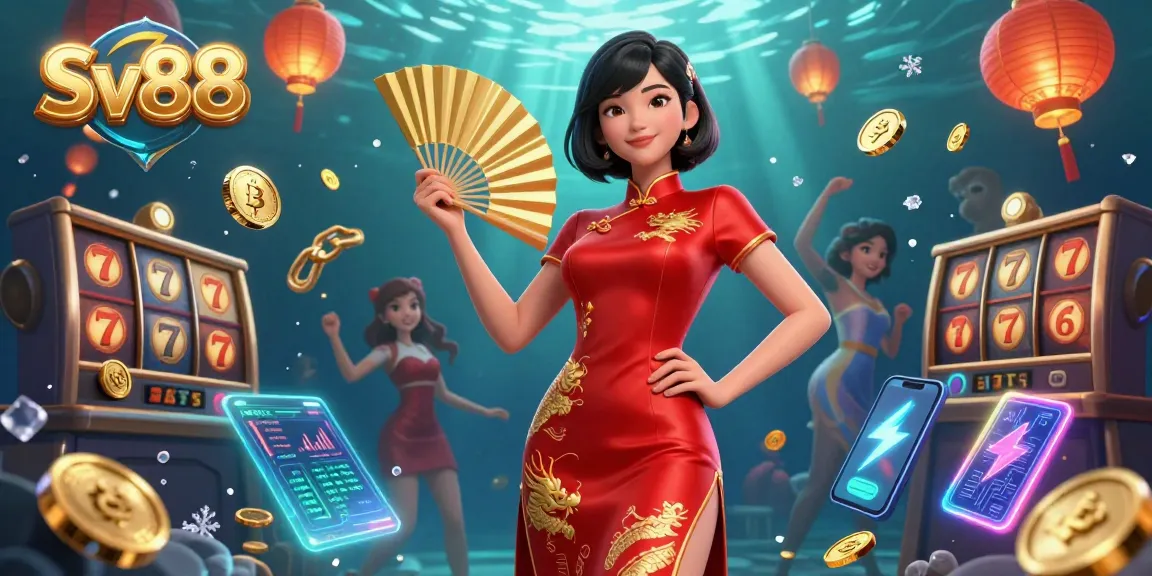 Engage with Sv88 through a vibrant casino illustration showcasing a confident woman surrounded by slot elements and crypto coins.