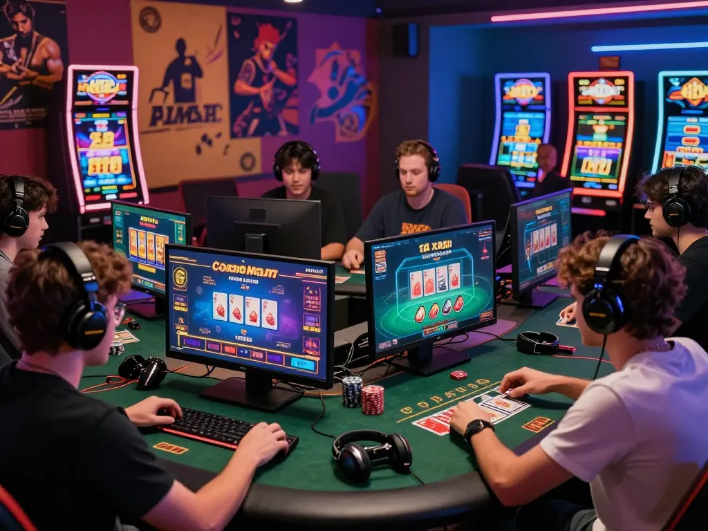 A diverse group of players enjoying the rikvip online gaming platform with vibrant graphics and gaming accessories.