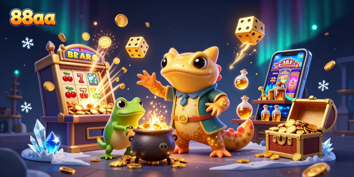 Experience thrilling wins at 88aa with alchemist characters, slot machines, and golden treasures in vibrant animation.